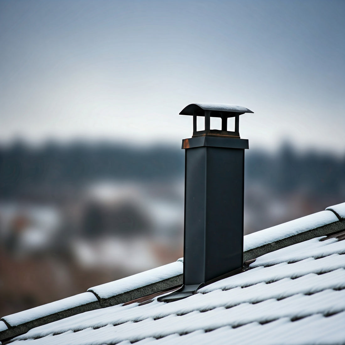A snowy roof with a tall, black chimney rising from it.