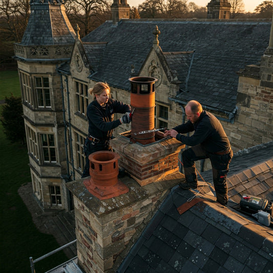 A man and women fixing the chimney