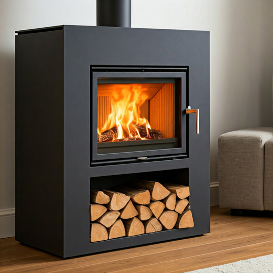 A modern fireplace with a clean, minimalist design, featuring a black metal frame and a smooth white marble hearth.