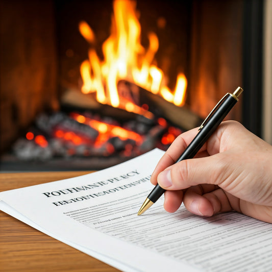 A close-up of a home insurance policy document with a blurred fireplace in the background, suggesting the importance of home insurance in protecting your property and belongings, especially during the winter months when fireplaces are frequently used.