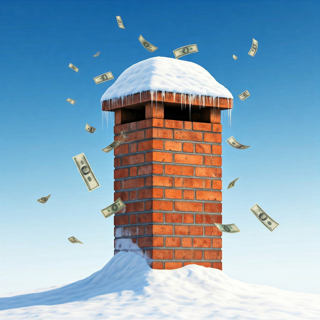 A dilapidated chimney, its crumbling bricks barely holding together, is weighed down by a heavy blanket of snow and a blizzard of bills. The image evokes a sense of financial distress and the struggles of winter.