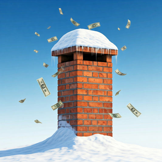 A dilapidated chimney, its crumbling bricks barely holding together, is weighed down by a heavy blanket of snow and a blizzard of bills. The image evokes a sense of financial distress and the struggles of winter.