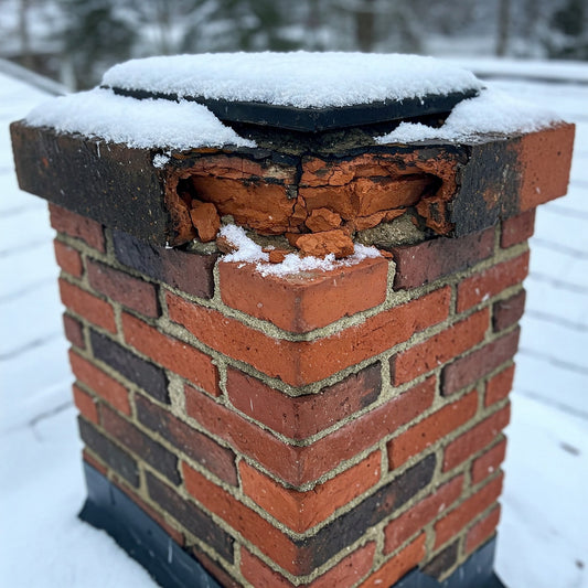 A close-up photo of a chimney's damaged crown during winter. The crown reveals signs of deterioration and water damage, with cracked and crumbling mortar. Snow clings to the edges of the crown and the chimney's brickwork is dark and damp.