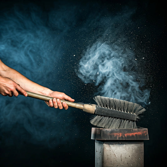 How to Prepare for a Chimney Sweep Service. A person's hands holding a long-handled brush, sweeping the top of a chimney. Smoke and sparks are rising from the chimney.