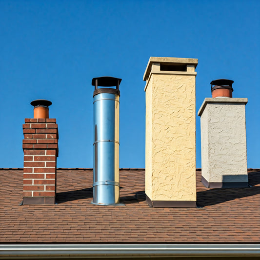 Understanding Different Types of Chimneys. Four different types of chimneys against a blue sky: a brick chimney, a metal chimney, a concrete chimney, and a stucco chimney.