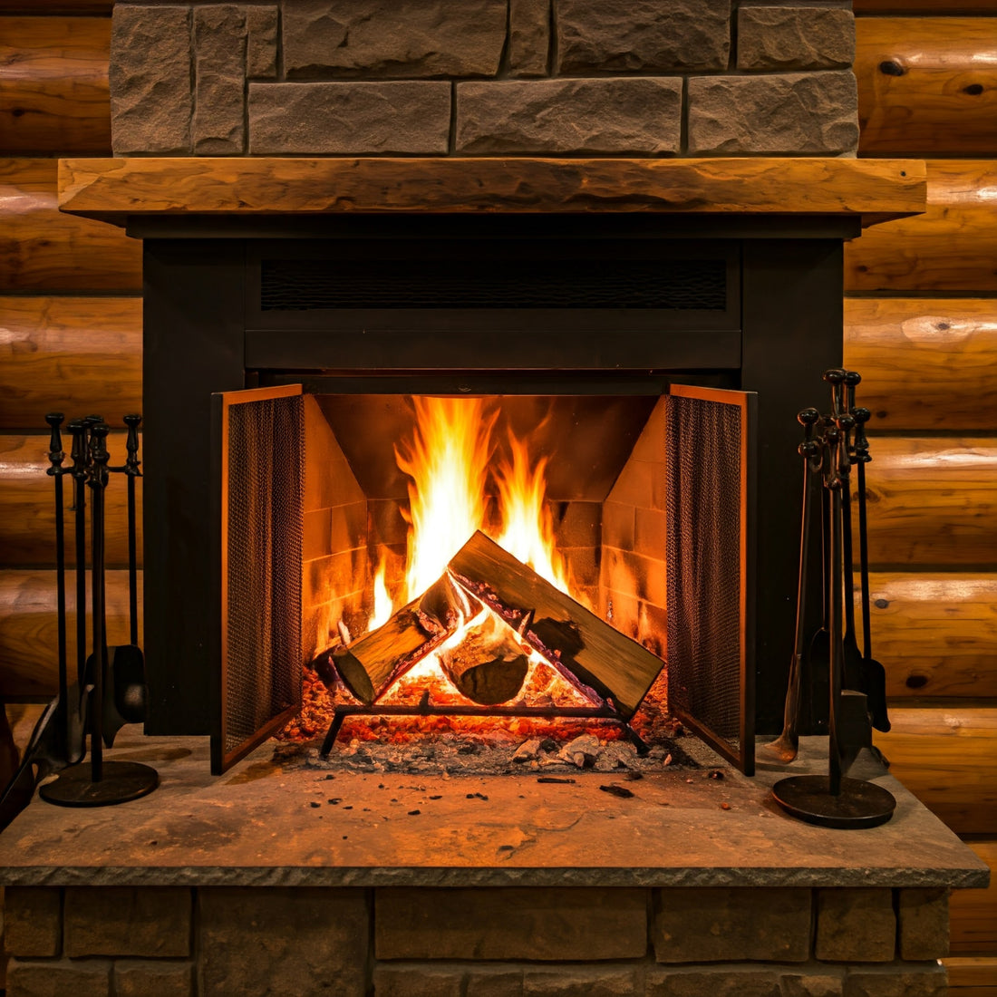 How Often Should I Clean My Chimney? A cozy fireplace with a roaring fire. The fireplace is surrounded by a stone mantel and log cabin walls. A set of fireplace tools is placed on either side.