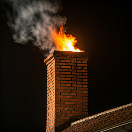 A close-up of a brick chimney with flames dancing inside, casting a warm glow and sending smoke curling upwards against a dark background.