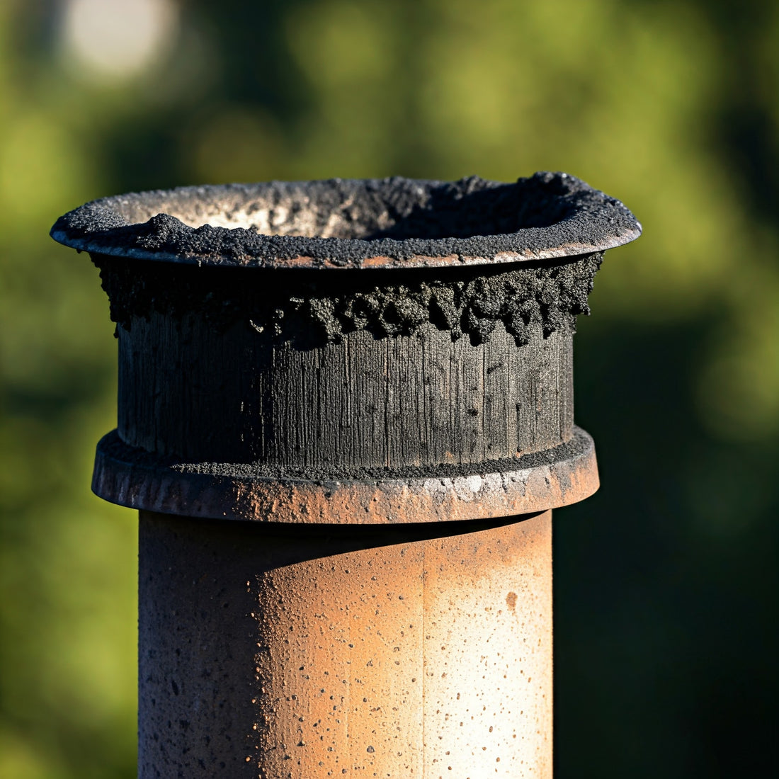 Signs Your Chimney Needs Cleaning. A close-up photo of a chimney cap covered in soot with a blurred green background.