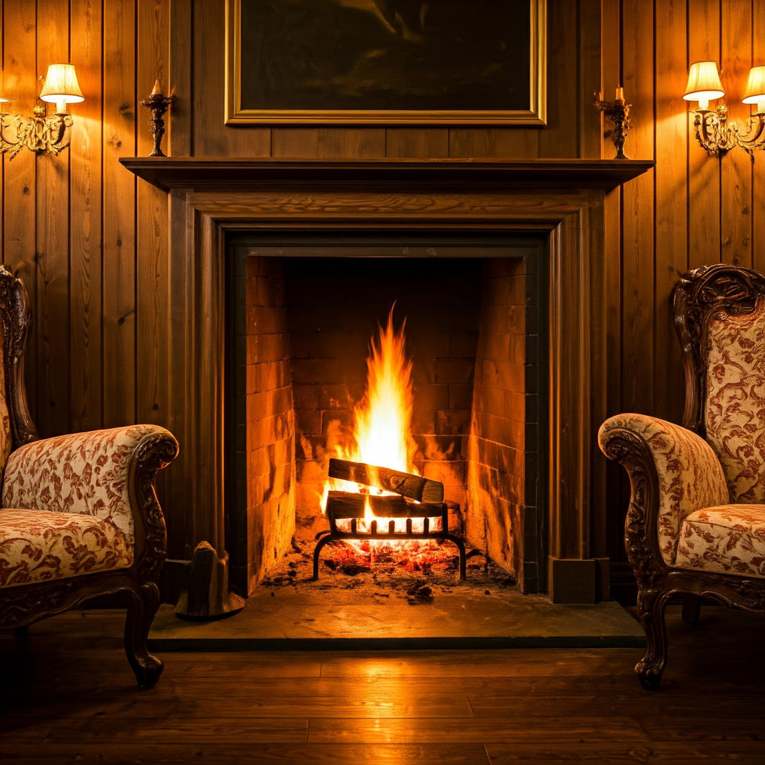 What Is the Best Chimney Log? A cozy fireplace with a bright flame in a wood-paneled room, highlighting the need for regular chimney cleaning and maintenance for safety and efficiency.