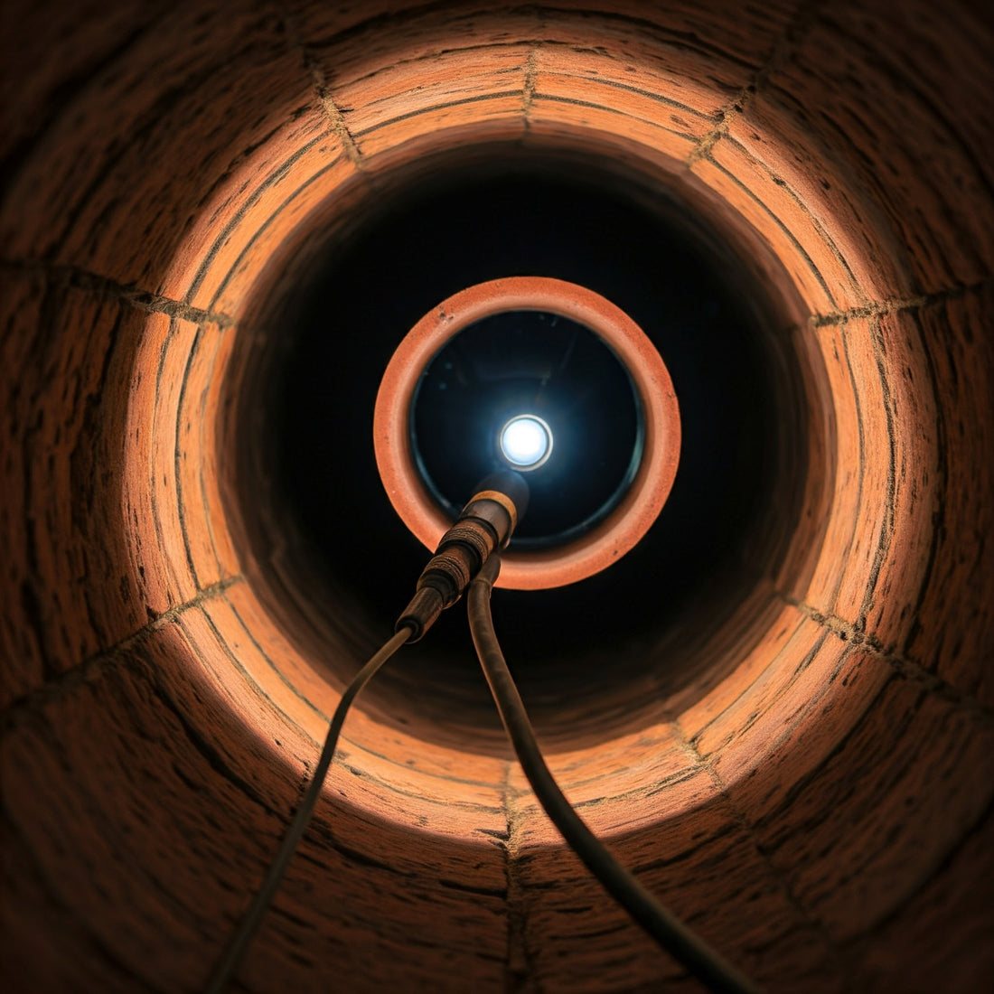 Why do chimney inspections matter? A close-up view of a chimney's interior, illuminated by a flashlight. The brickwork of the chimney is visible, along with a dark, circular opening leading further up.